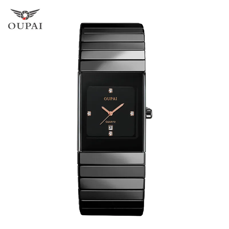 4 Diamond 80030 OUPAI Классические черные керамические квадратные часы мужские Кварцевые водонепроницаемые деловые мужские часы керамические прямоугольные часы - Цвет: 4 Diamond 80030