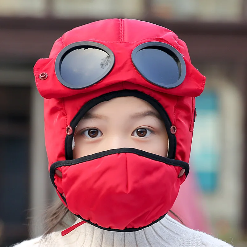 red kids Новые зимние шапки для детей Skullies Beanies, вязаные бархатные шапки для маленьких детей, модные солнцезащитные очки для мальчиков и девочек, теплая шапка унисекс - Цвет: red kids