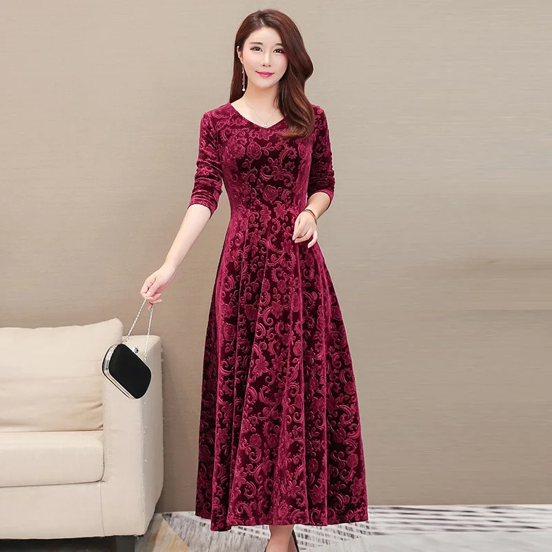 Зимнее Золотое вельветовое длинное платье большого размера с длинным рукавом и