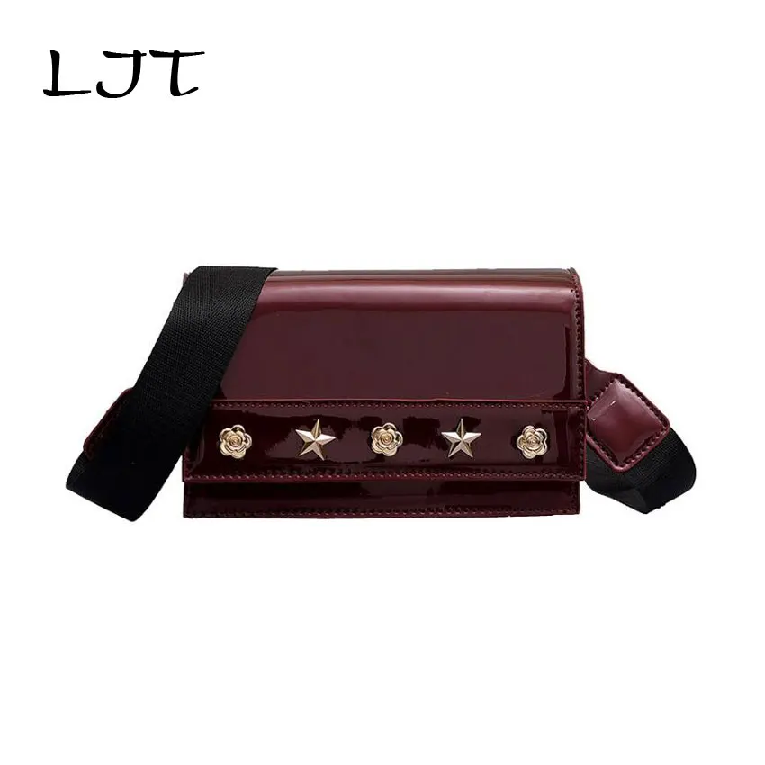 Женская сумка LJT маленькая квадратная из лаковой кожи с металлическим цветком