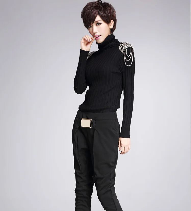 ASYMSAY Women European Autumn And Winter Epaulet Decoration Black Solid Color Long Sleeve Pullover Turtleneck Sweater | Женская одежда
