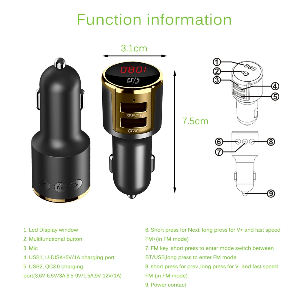 Onever FM передатчик Bluetooth V4.2 беспроводной автомобильный комплект FM модулятор MP3 плеер Громкая связь вызов двойной USB зарядное устройство QC3.0 Новинка