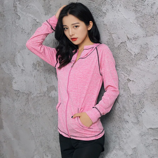 Pink Женские топы для йоги, спортивные толстовки, быстросохнущая толстовка с длинными рукавами, Женская Спортивная одежда для бега, куртки на молнии с капюшоном, пальто, спортивный костюм - Цвет: Pink