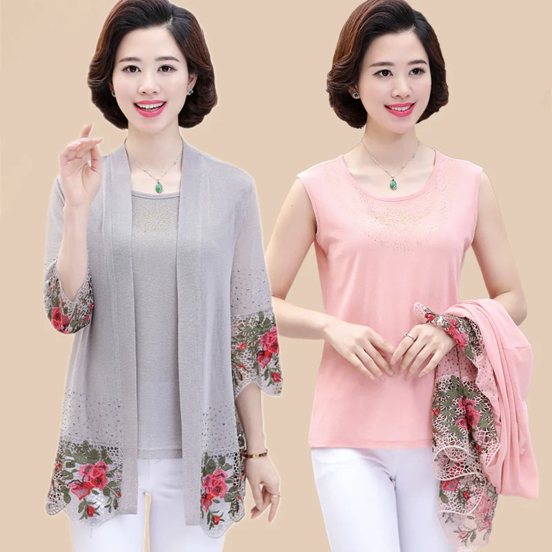 

2022 Summer New Middle-Aged Women Summer Top Real Two-Piece Set Lace Print Suit Set High Quality Mother'S Clothes T198