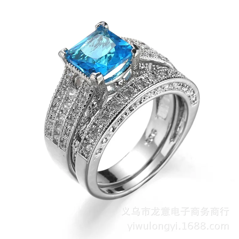 Sky Blue Square Cut Ring White Gold Filled Couple Set | Rings