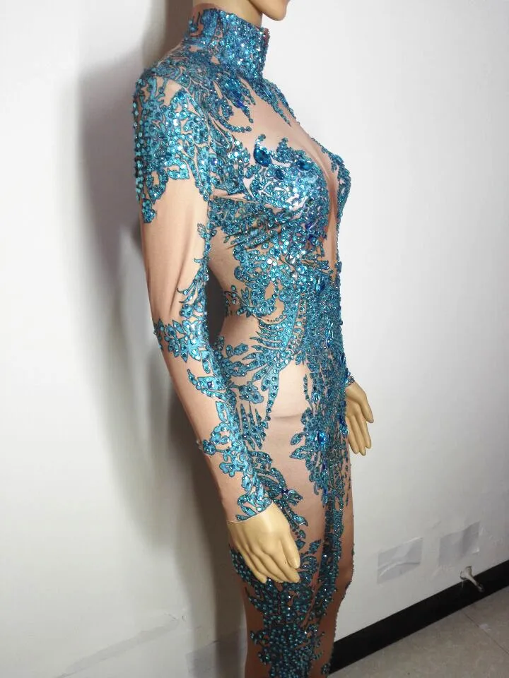Полный Стразы Синий Эластичный Трико комбинезон со стеклянными кристаллами