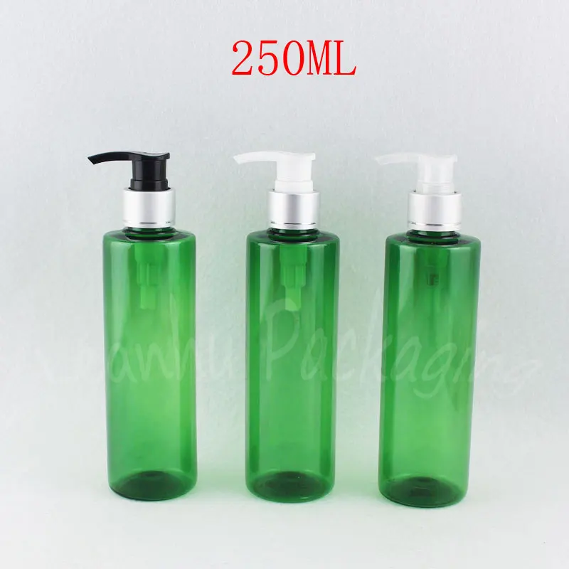 250ML Green Plastic Bottle With Silver Lotion Pump , 250CC Shower Gel / Lotion Sub-bottling , Empty Cosmetic Container