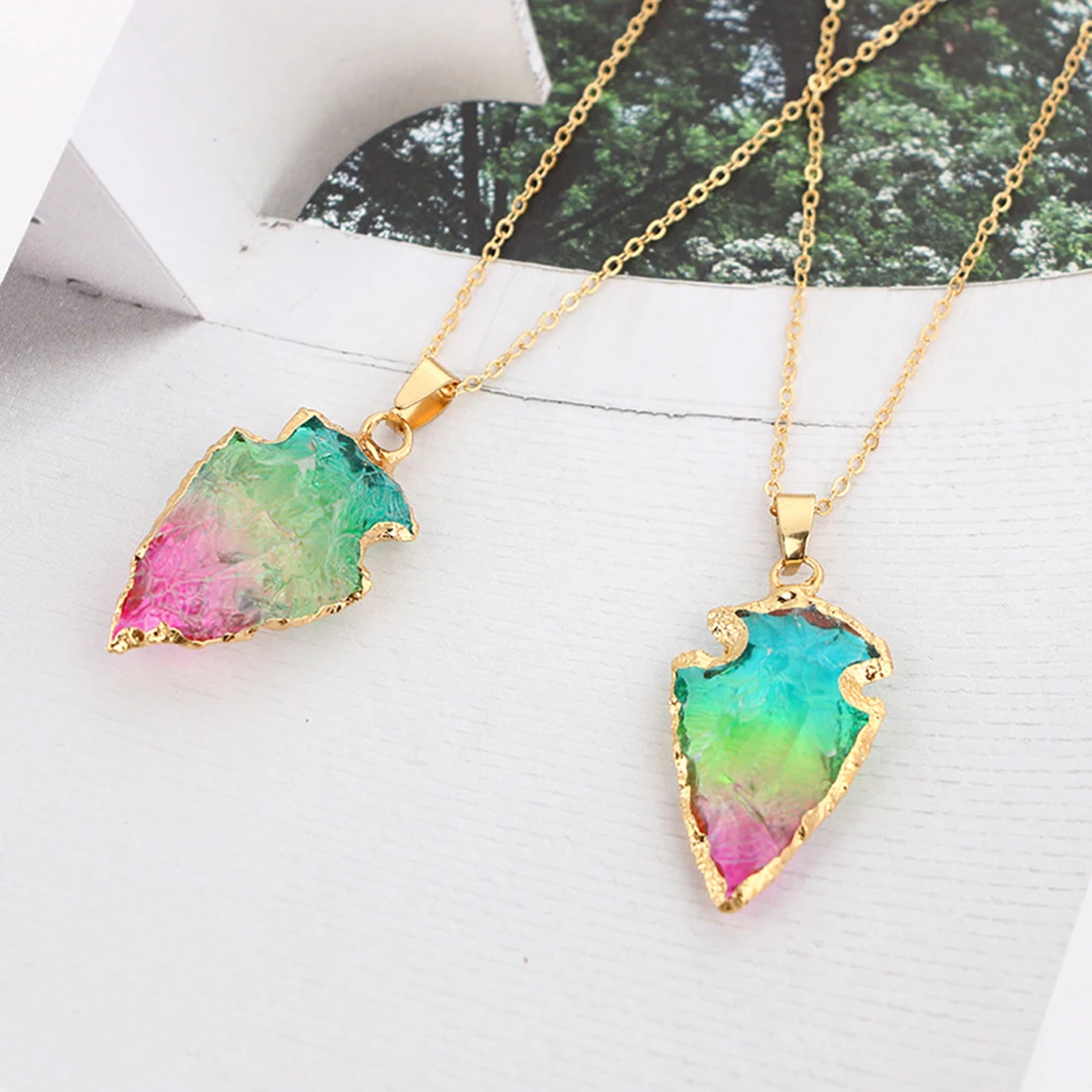 Random Arrowhead Shape Colorful Nature Stone Gold Chain Necklace for Women Fashion Jewelry | Украшения и аксессуары
