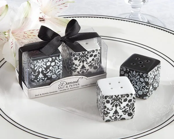 

Free shipping wedding favor gift and giveaways-Damask Ceramic Salt and Pepper Shakers bridal shower party souvenir 50boxes/lot