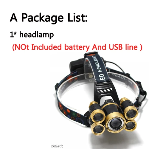 A Светодиодный налобный фонарь 5* XM-L T6 с фокусировкой и зумом USB, головной светильник 8000 Люмен, светодиодный налобный фонарь, походный аварийный светильник для рыбалки - Испускаемый цвет: A
