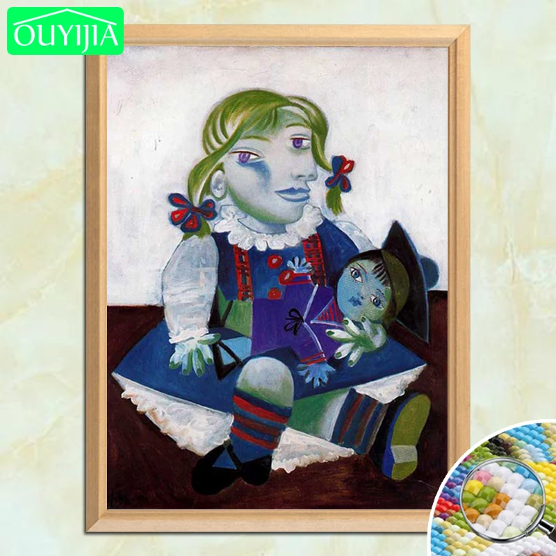 Полный квадратный вышивальный набор "Майя и куклы" с бриллиантами 5D DIY в стиле знаменитой картины Пабло Пикассо.