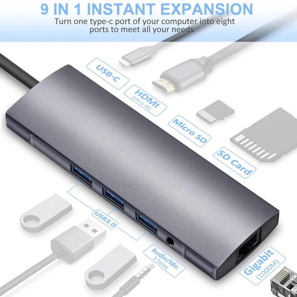 9 в 1 тип-c к HDMI RJ45 3USB3. 0 TF SD аудио PD Многофункциональный узловой центр для адаптера для Macbook huawei mate 10 \ 20 P20 samsung S9#20
