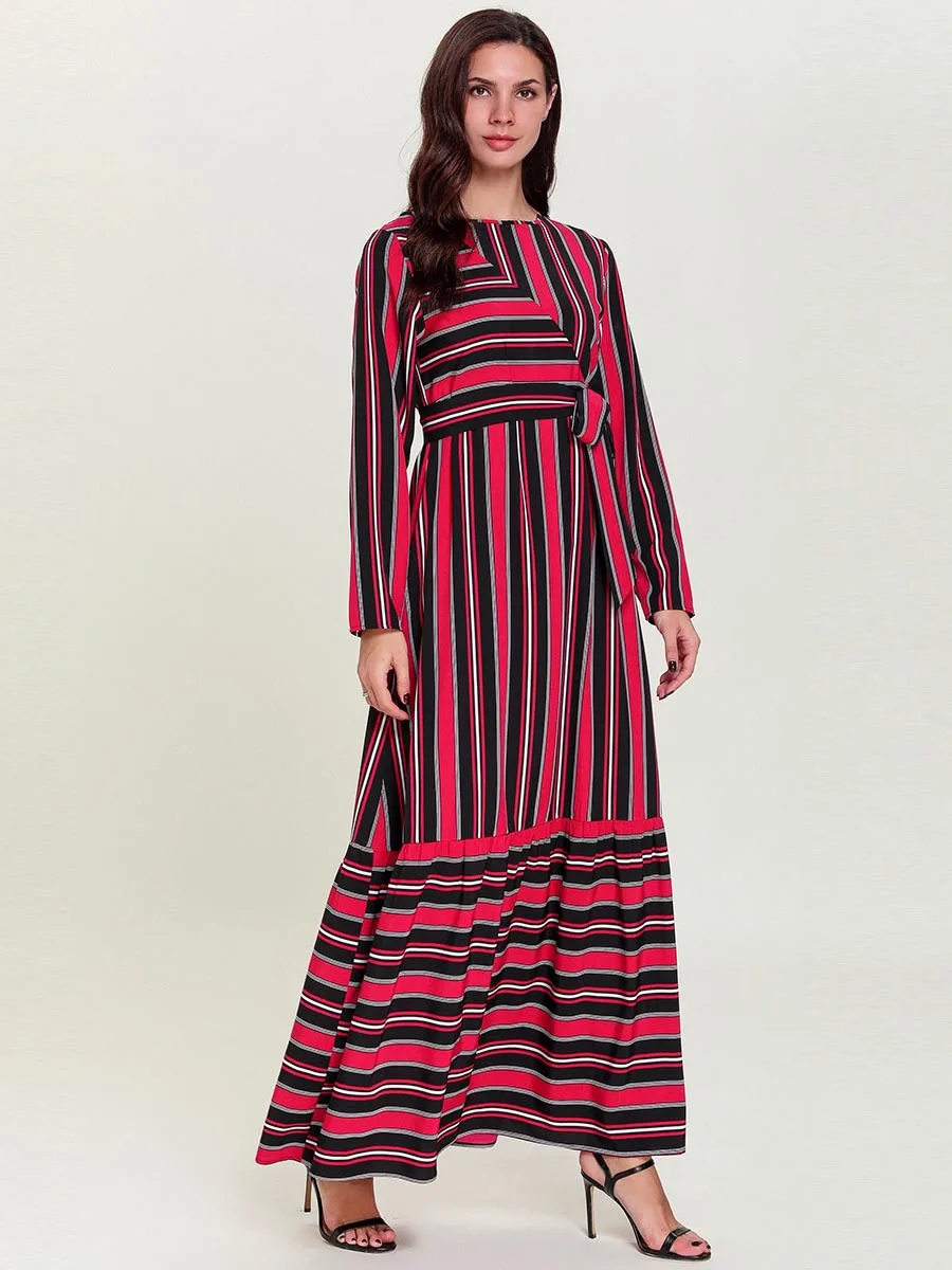 Бандажные женские мусульманские платья abaya Femme Дубай Турецкая индейка Бангладеш нарядное платье в арабском стиле Красный Полосатый Восточный халат из марокена Исламская одежда