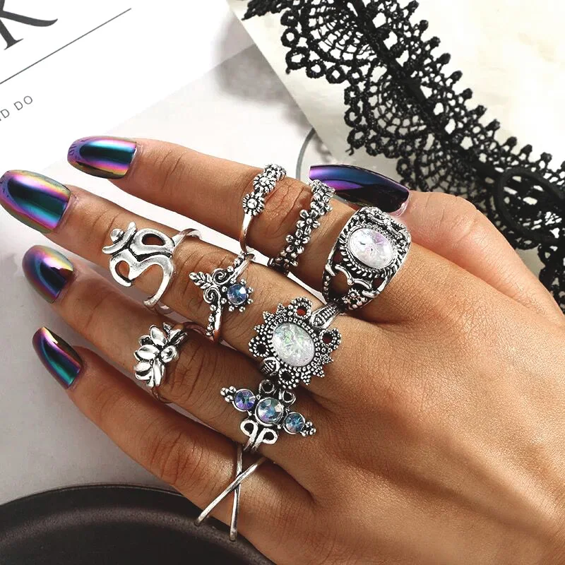 Набор серебряных колец RAVIMOUR в античном стиле 9 шт. кольцо бохо для женщин большой