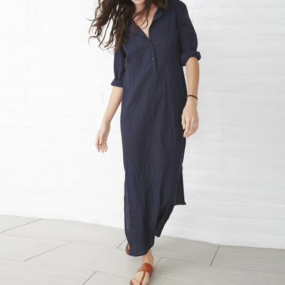 Женское хлопковое льняное однотонное платье на весну и лето длинное большого