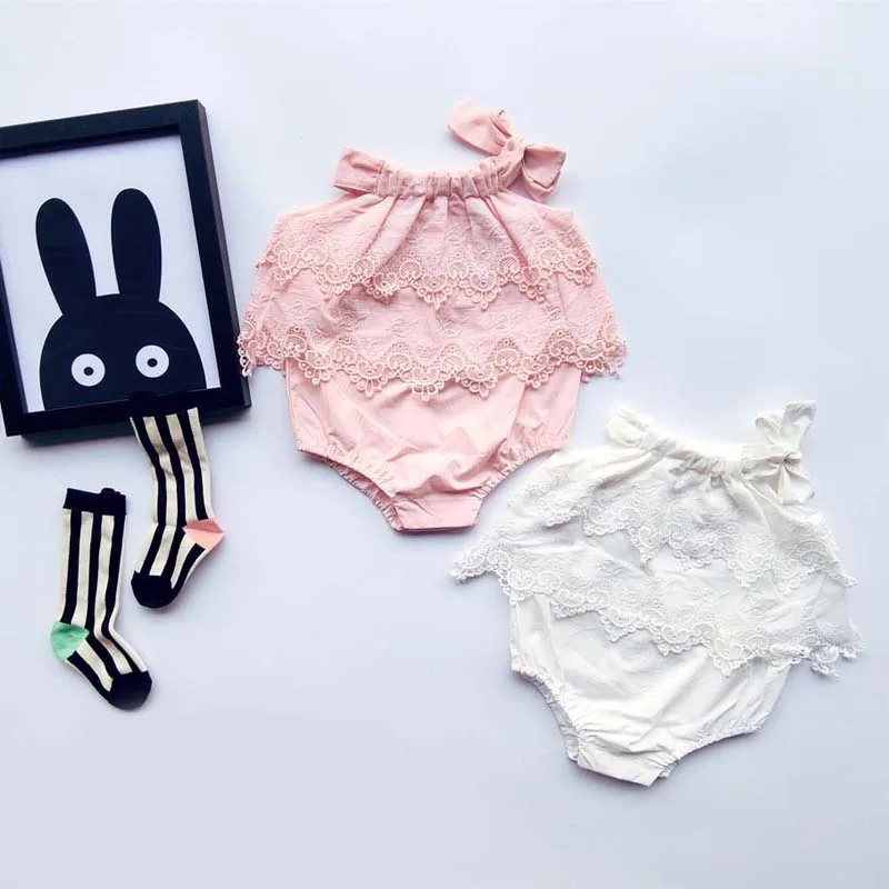 

0-1-2yrs Korean Sweet Baby Girl Rompers Princess Toddler Lace&bowk Overalls Birthday Clothes