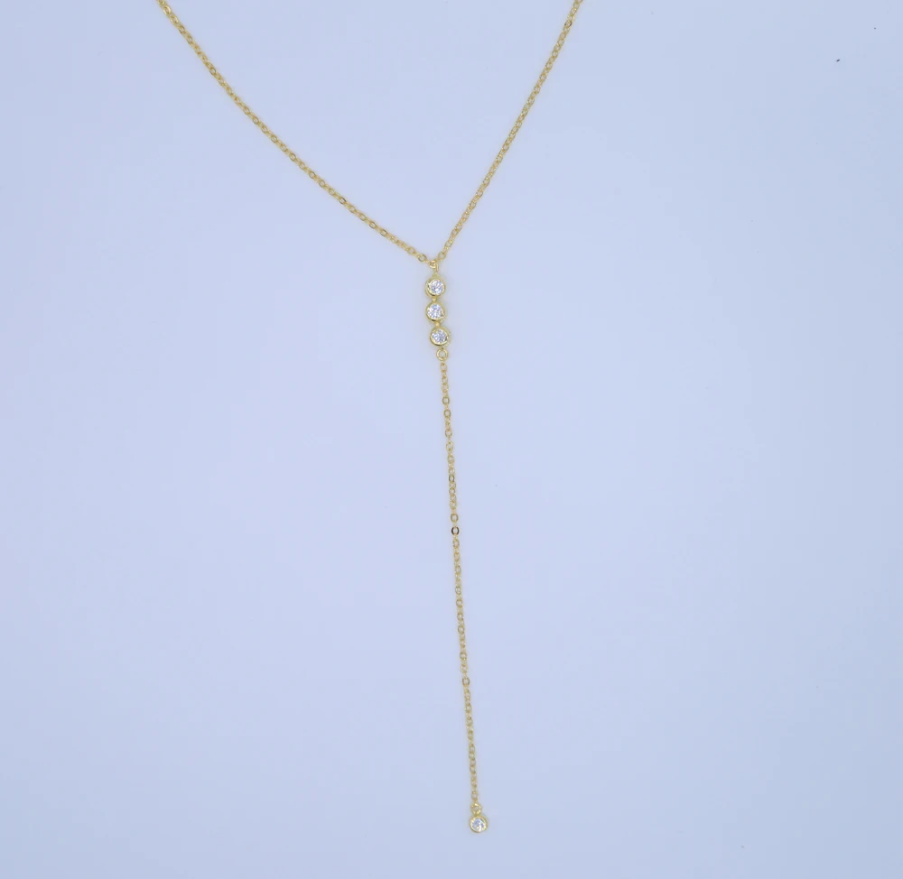 gold filled three stone cubic zirconia simple classic design long chain lariat Y CZ lady necklace | Украшения и аксессуары