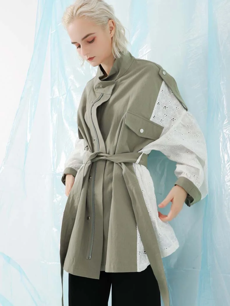 2019 New Autumn Stand Collar Long Sleeve Back Lace Split Joint Large Size Trench Women Coat Fashion Oversize coat Belt Outwear | Женская