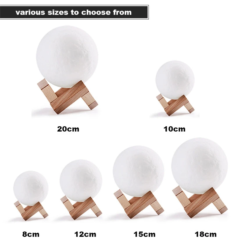 Перезаряжаемая лампа с 3D принтом Луны 2 цвета белый желтый сенсорный