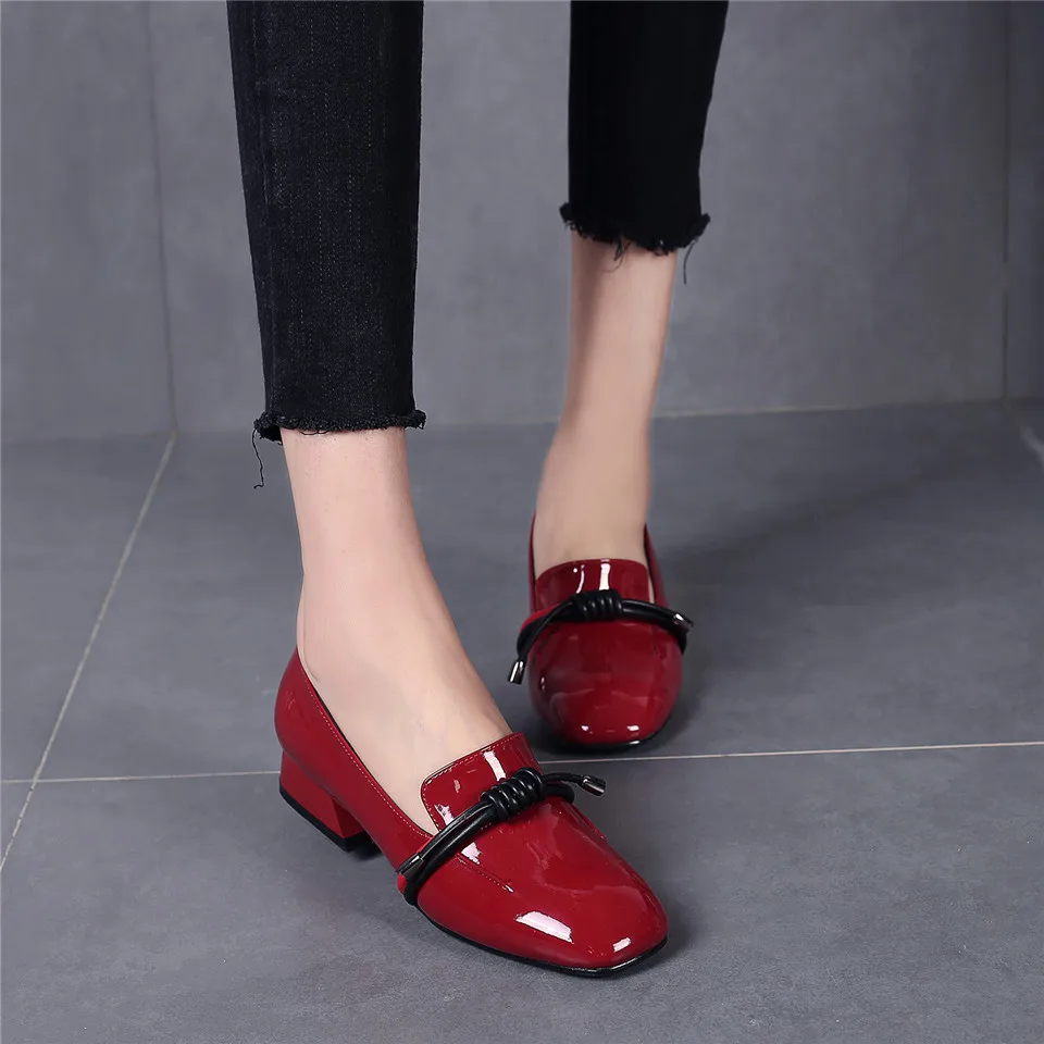 British Women Loafers Red Patent Leather Square Toe Rope Bowtie Flats Slip-on Low Block Heel Mocassins Ladies Smoking Shoes