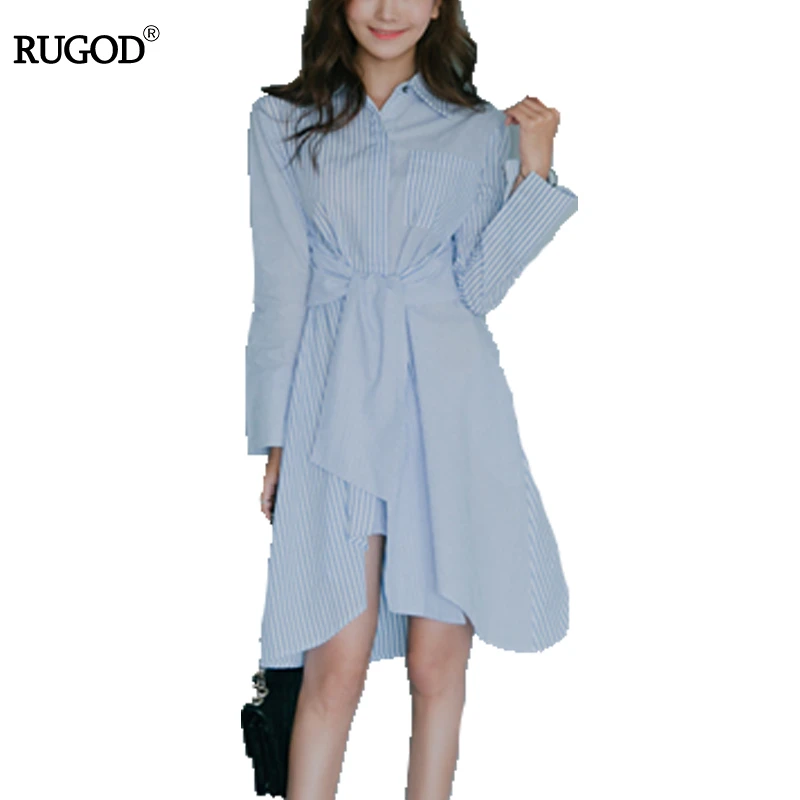RUGOD Casual Blue Tunic Striped Shirt Dress Women Turn-down Collar Long Sleeve Belted 2018 Autumn Dresses Vestidos | Женская одежда