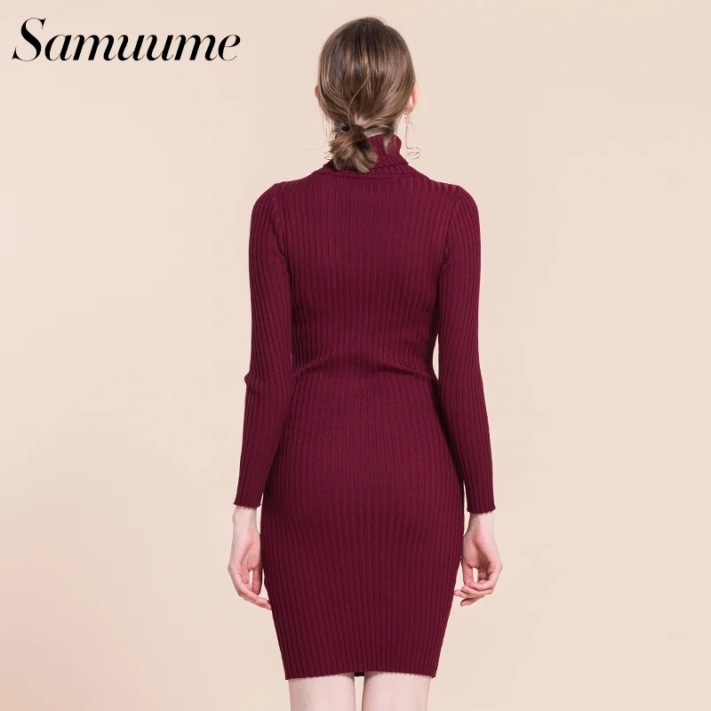 Samuume Elegant Long Sleeve Turtleneck Knitted Dress Autumn Warm Bodycon Winter Wrap Pencil Sweater Dresses Vestido A1708050 | Женская
