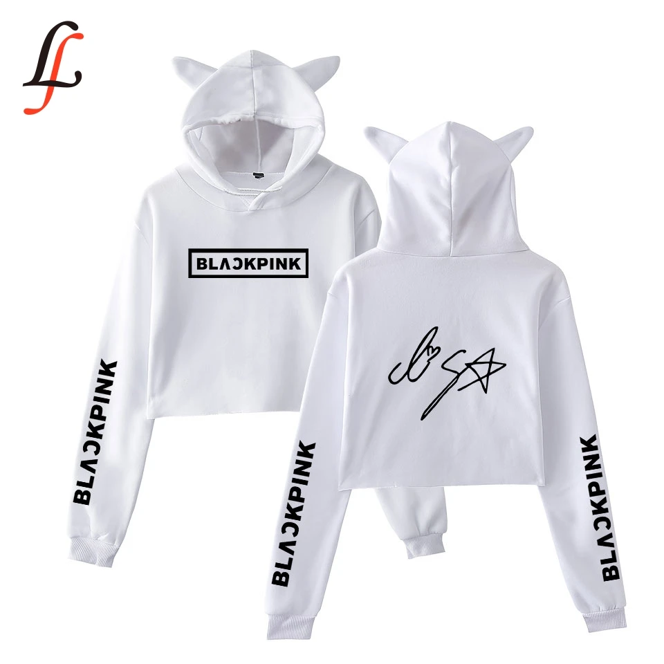 Blackpink harajuku Cat Ear Cap Hoodies fashion trend sala Cat Crop Top Women Hoodies Sweatshirt Sexy hot Kpop Clothes