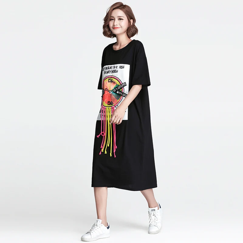 European Style Simple Leisure Large Size Women's Clothing Features A Relaxed and Comfortable Printed Logo Was Thin T-shirt Dress | Женская