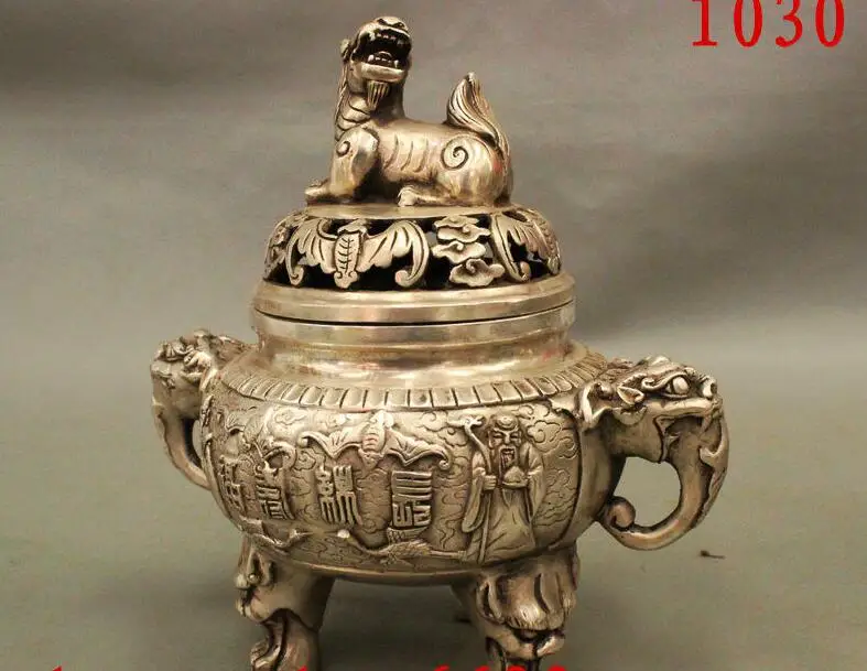 Chinese Silver Bat Beast Lion Head Longevity God Statue Incense Burner Censer | Дом и сад