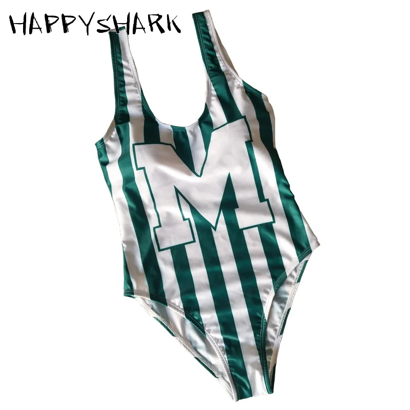 Спортивный купальник HAPPYSHARK в зеленую и белую полоску 2019 Цельный для сексуальных