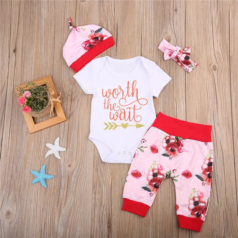 

Fashion 4pcs Girl Clothes Set Newborn Infant Baby Girls Worth the Wait Floral Romper Leggings Outfit Clothes