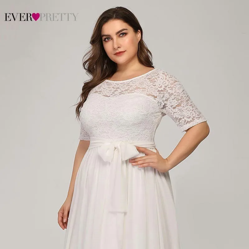 Кружевные свадебные платья размера плюс Ever Pretty EZ07624WH ТРАПЕЦИЕВИДНОЕ ПЛАТЬЕ С О-образным вырезом и поясом с коротким рукавом Элегантные платья для невесты Gelinlik