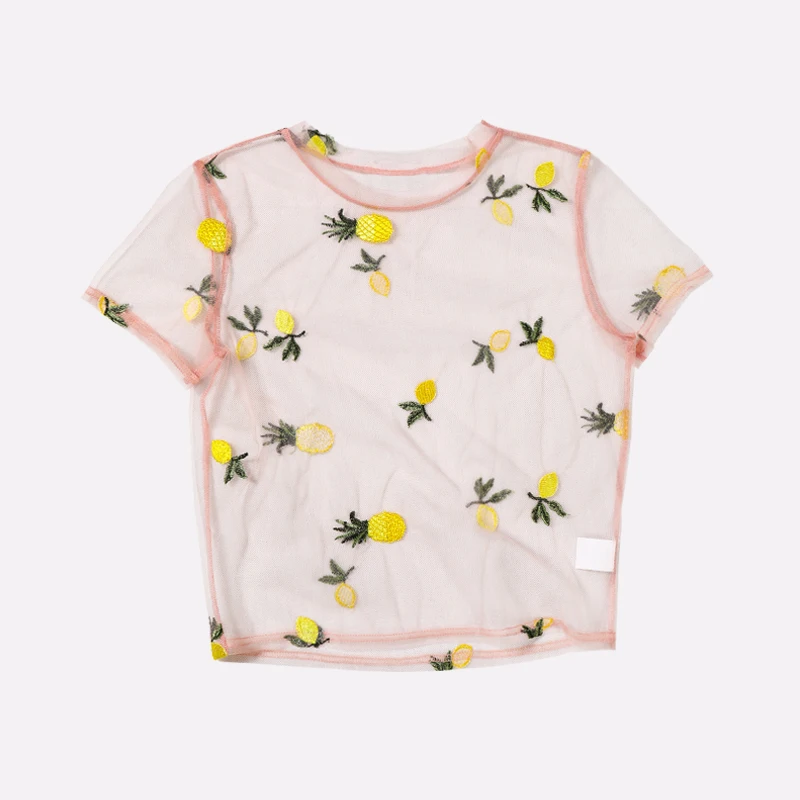 Mostnica Summer Beach Transparent Mesh T-shirt for Woman Sexy Pineapple and Lemon Embroidery Short Sleeves Sheer Lady Tops 2019 | Женская