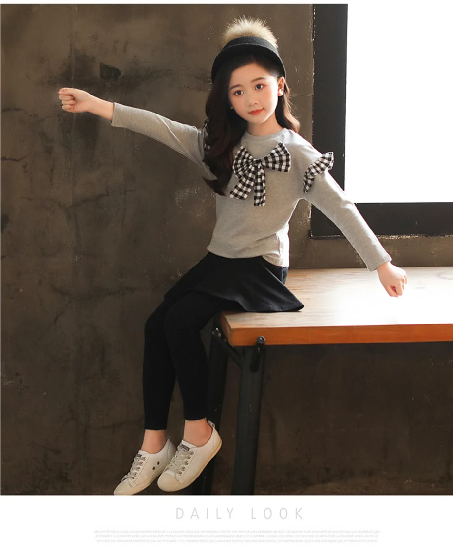 Girl clothes suit bow shirt+ autumn suit girl winter children clothes casual teenager girl clothes 4 6 8 12 years