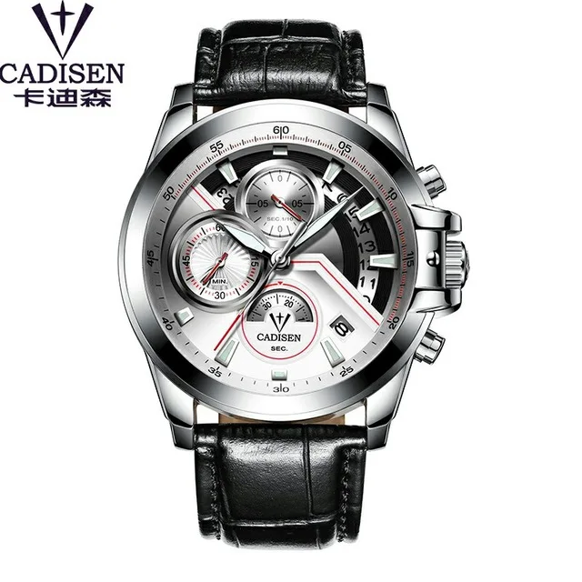leather white CADISEN, мужские часы, Топ бренд, Роскошные, военные, армейские, спортивные, повседневные, водонепроницаемые, мужские часы, кварцевые, нержавеющая сталь, наручные часы - Цвет: leather white