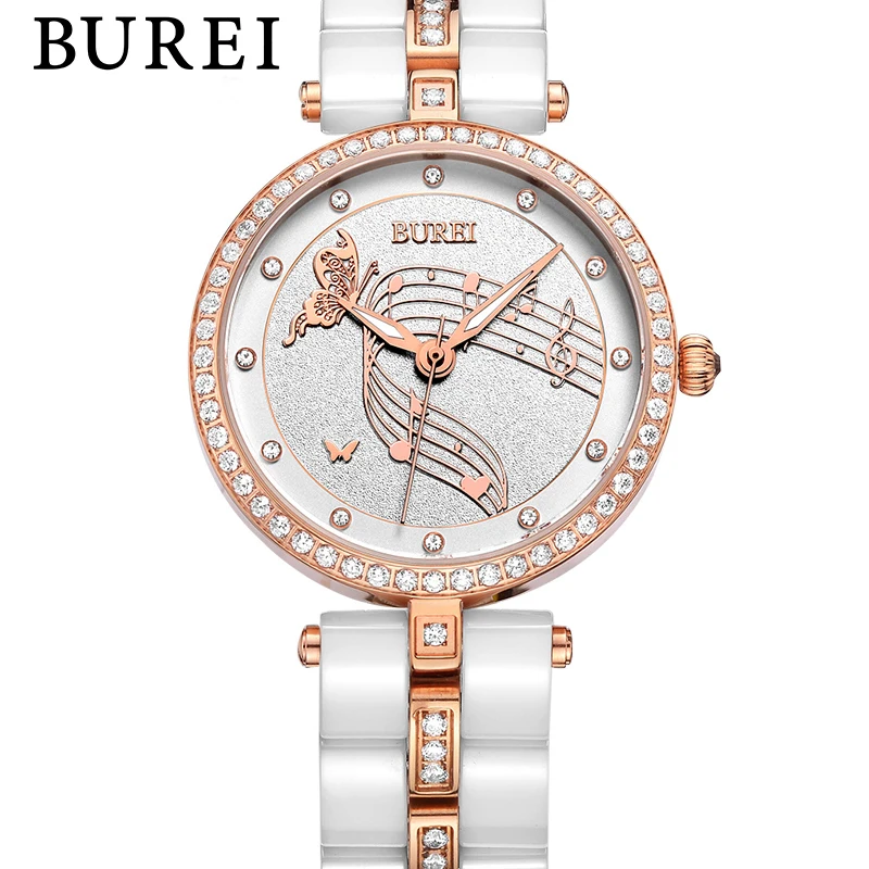 BUREI женские повседневные часы музыкальный циферблат бриллианты керамический