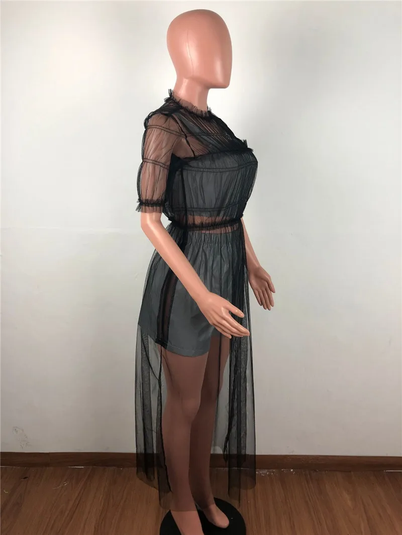 Summer See Through Mesh Maxi Dress Women O-neck Short Sleeve Tunic Pleated Long Sexy Party Beach Wear Sundress Vestidos | Женская одежда