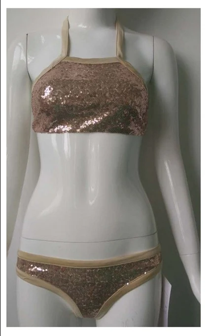 New Sequins Bikinis Women Gold Hang Neck Swimwear Women's Swimsuits Swimming Suit Sexy Sequin Bikini Set Female Beachwear Q54842 | Спорт и