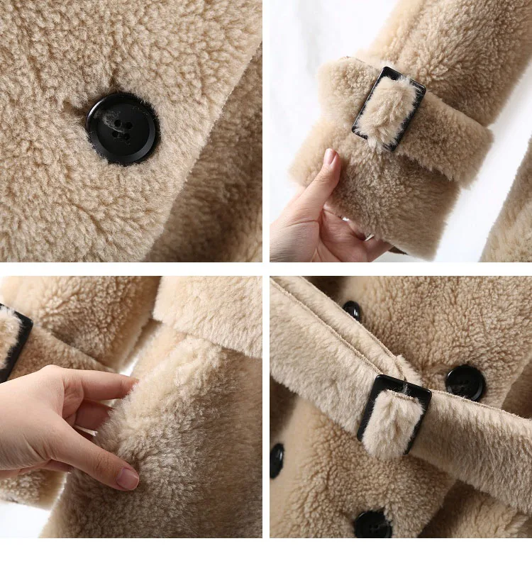 OFTBUY winter coat women windbreakers natural wool lamb fur sheepskin faux leather long trench coat Double-breast jacket