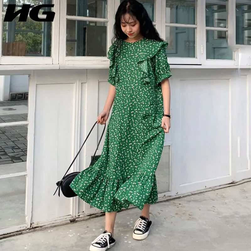 HG Новое Женское корейское платье с рюшами и цветочным рисунком винтажное