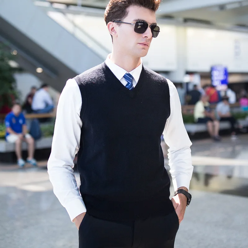 Мужской кашемировый свитер без рукавов Однотонный с V-образным вырезом 2018 |