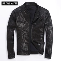vintage goatskin genuine leather motorcycle jacket men black slim short real leather coat high quality male riding biker clothes