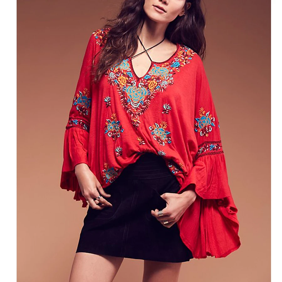Boho блуза с цветочной вышивкой, с длинным рукавом, v-образный вырез, повседневная, праздничная, шикарная, богемная, свободный стиль, Женский Топ, блузки в стиле хиппи