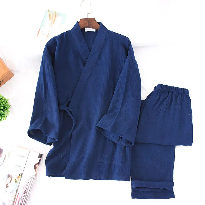 100% Cotton Crepe Men's and Women's Kimono Pajamas Long sleeved V Neck Pyjamas Women Suit Solid Plus Size Pijama Mujer|Комплекты