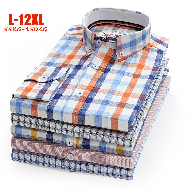10xl 11xl 12xl мужские повседневные рубашки из хлопка 100% в клетку больших размеров с