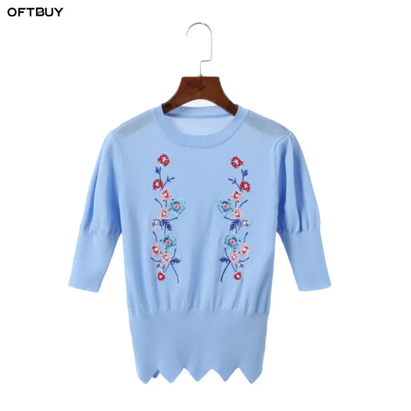 OFTBUY 2018 летние новые модные волнистым краем Цветы Вышивка пуловер вязаный