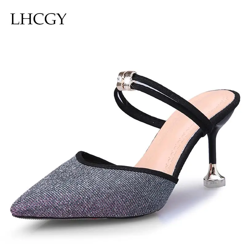 2018 г. летние женские шлепанцы на высоком каблуке босоножки тонком с острым носком