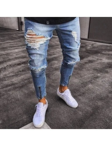 Man Pants Jeans Fashion Streetwear Men Vintage Destroyed Ripped Elastic Zipper Hip Hop Plus Size | Мужская одежда
