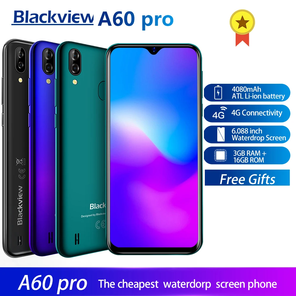 Смартфон Blackview A60 Pro, Android 9,0, 4G, мобильный телефон, MTK6761, четыре ядра, 6,088 дюймов, экран в виде капли воды, 3 Гб ram, 16 ГБ rom, Touch ID