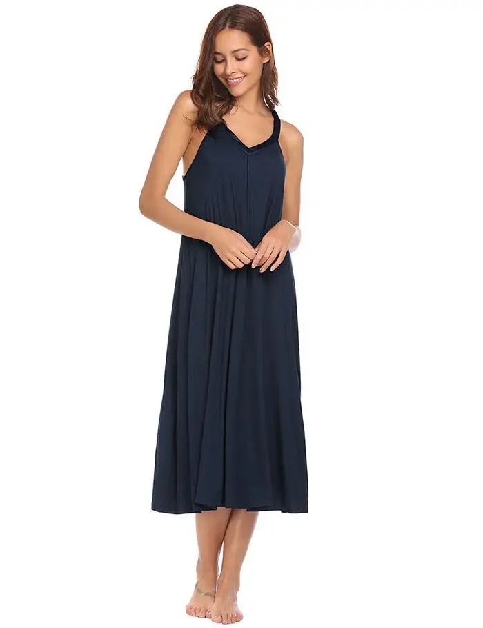 Ekouaer Night Dress Women Lingerie Sleepwear V-Neck Sleeveless Midi Sleep Dress Loungewear Nighty Sleepshirts Cotton Nightgown